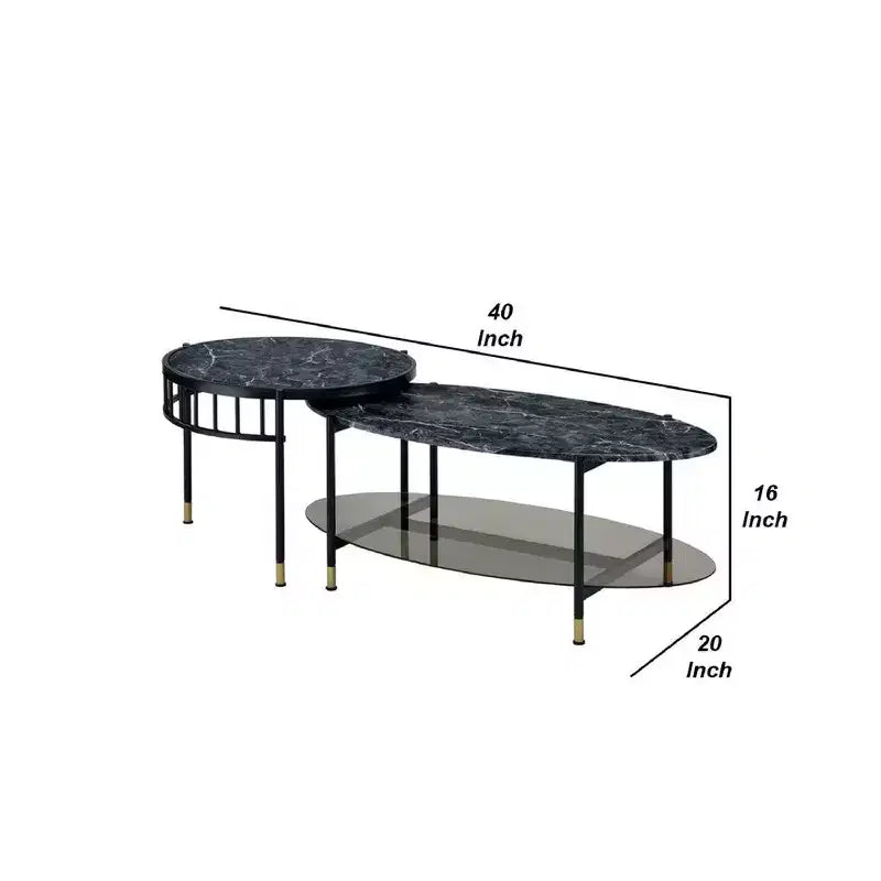 Table basse gigogne Royal Hampton de 40 po en 2 pièces, dessus en faux marbre, étagère en verre, noir