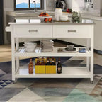 MAYEERTY Desserte de cuisine blanche, plateau en acier inoxydable 2 tiroirs