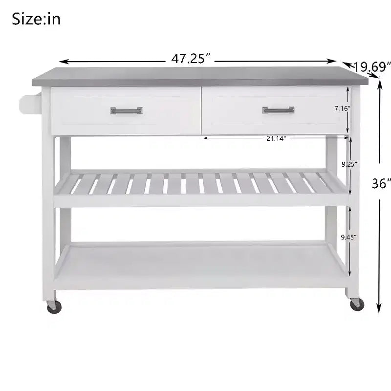 MAYEERTY Desserte de cuisine blanche, plateau en acier inoxydable 2 tiroirs
