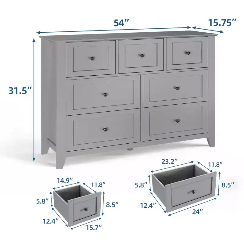 Commode moderne à 7 tiroirs pour chambre à coucher, commodes en bois de 54 po de large avec grand espace de rangement, commode sans poignée meuble TV pour salon et couloir