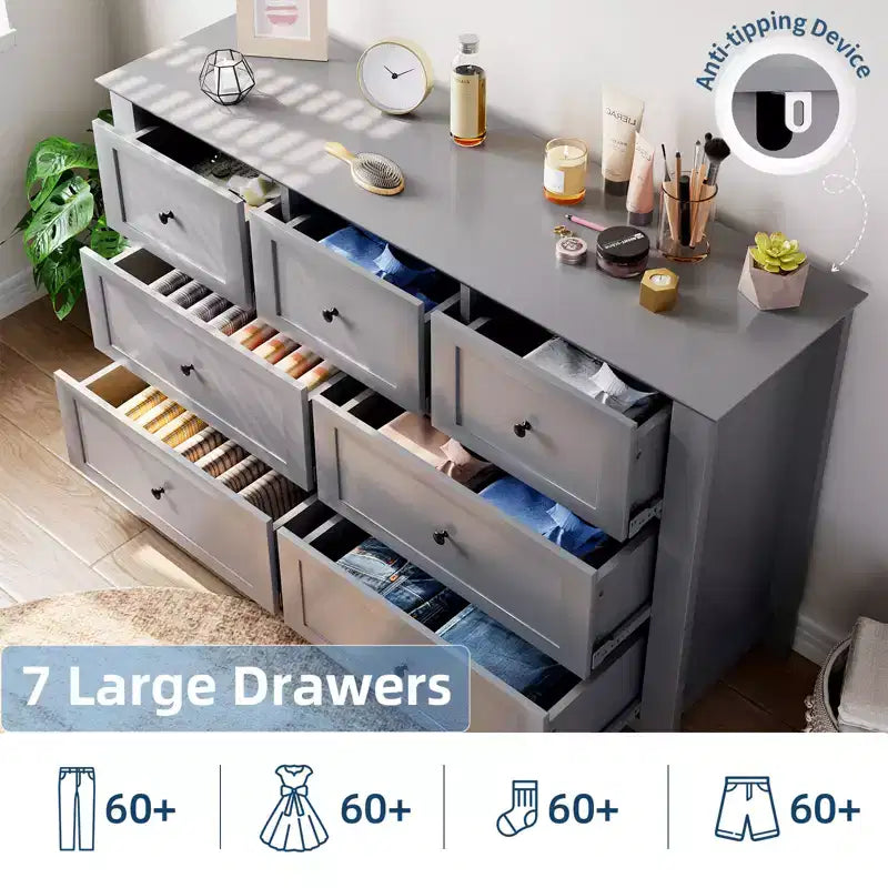 Commode moderne à 7 tiroirs pour chambre à coucher, commodes en bois de 54 po de large avec grand espace de rangement, commode sans poignée meuble TV pour salon et couloir