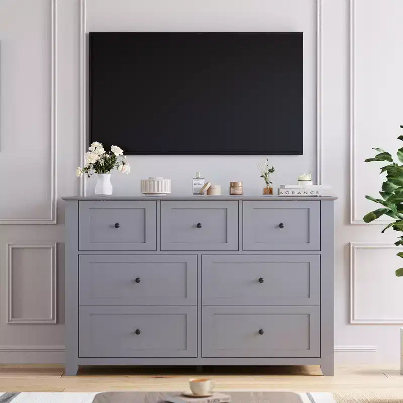 Commode moderne à 7 tiroirs pour chambre à coucher, commodes en bois de 54 po de large avec grand espace de rangement, commode sans poignée meuble TV pour salon et couloir