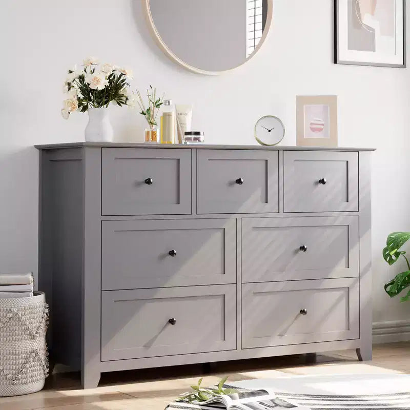 Commode moderne à 7 tiroirs pour chambre à coucher, commodes en bois de 54 po de large avec grand espace de rangement, commode sans poignée meuble TV pour salon et couloir