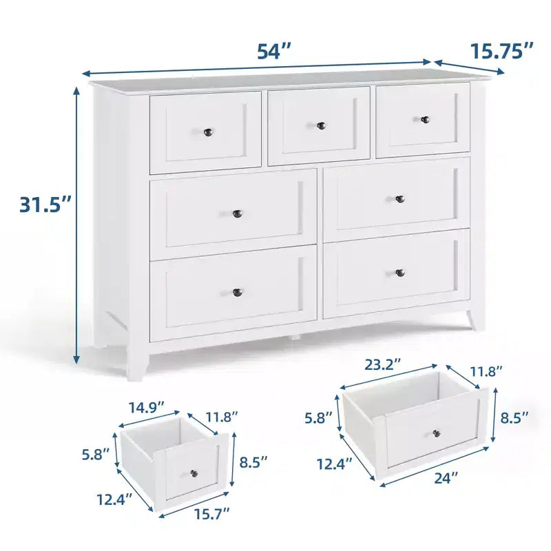 Commode moderne à 7 tiroirs pour chambre à coucher, commodes en bois de 54 po de large avec grand espace de rangement, commode sans poignée meuble TV pour salon et couloir
