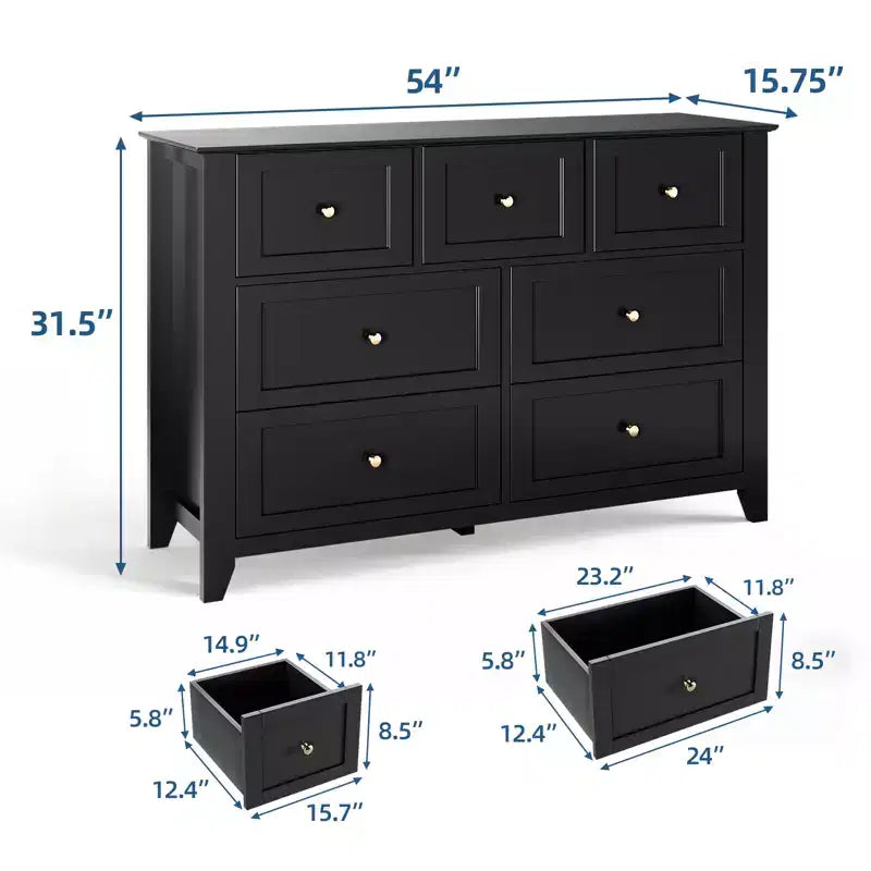 Commode moderne à 7 tiroirs pour chambre à coucher, commodes en bois de 54 po de large avec grand espace de rangement, commode sans poignée meuble TV pour salon et couloir