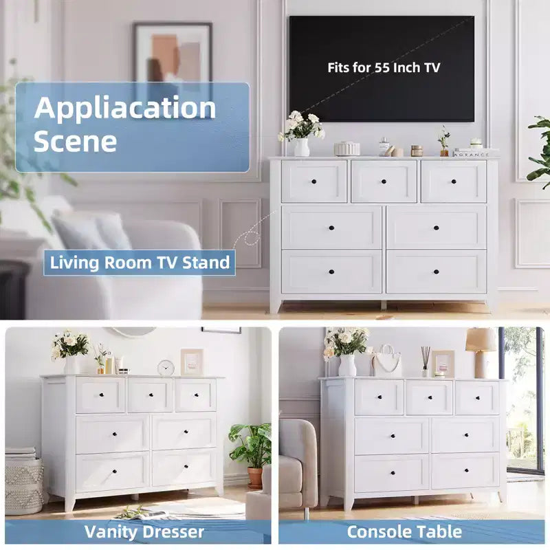 Commode moderne à 7 tiroirs pour chambre à coucher, commodes en bois de 54 po de large avec grand espace de rangement, commode sans poignée meuble TV pour salon et couloir