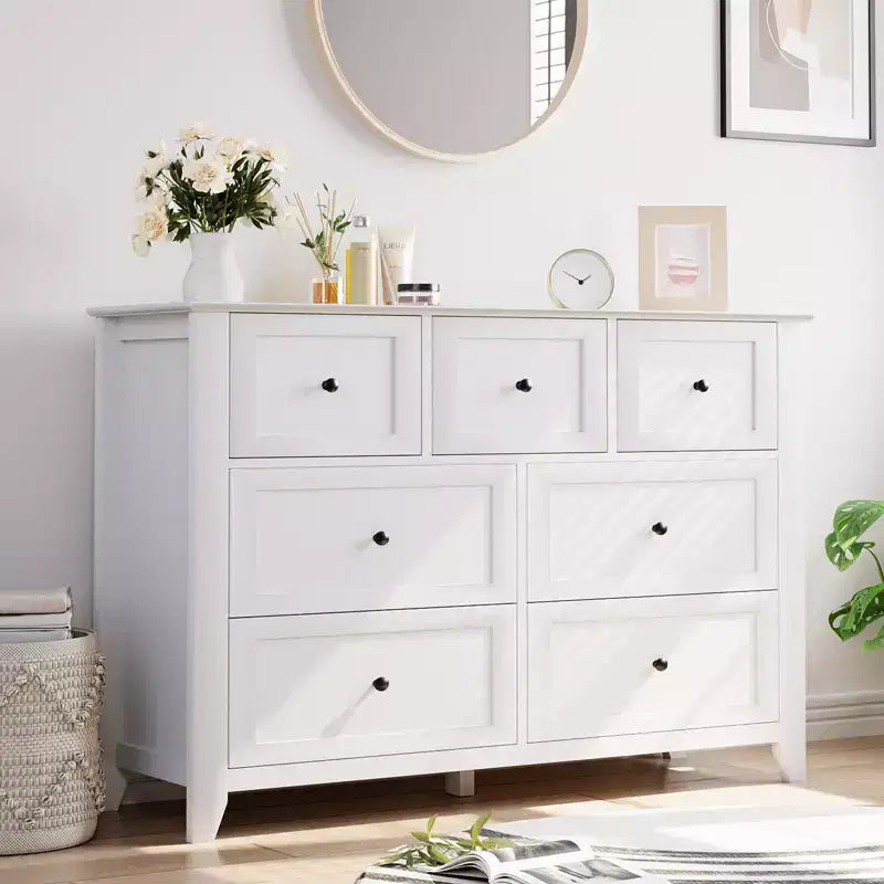 Commode moderne à 7 tiroirs pour chambre à coucher, commodes en bois de 54 po de large avec grand espace de rangement, commode sans poignée meuble TV pour salon et couloir