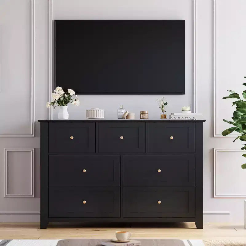 Commode moderne à 7 tiroirs pour chambre à coucher, commodes en bois de 54 po de large avec grand espace de rangement, commode sans poignée meuble TV pour salon et couloir