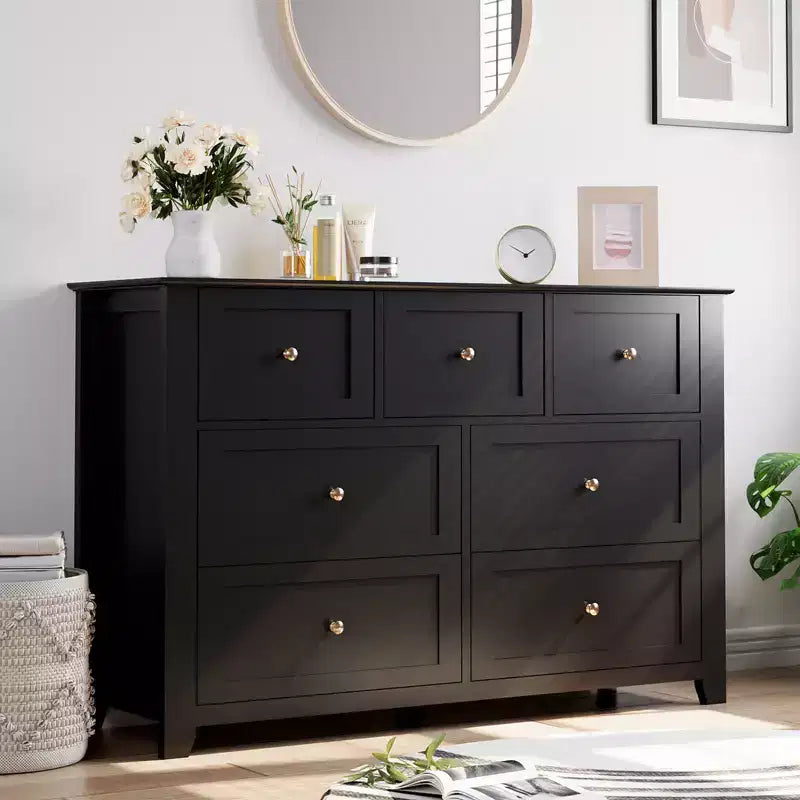 Commode moderne à 7 tiroirs pour chambre à coucher, commodes en bois de 54 po de large avec grand espace de rangement, commode sans poignée meuble TV pour salon et couloir