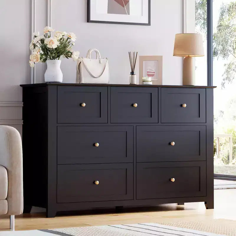 Commode moderne à 7 tiroirs pour chambre à coucher, commodes en bois de 54 po de large avec grand espace de rangement, commode sans poignée meuble TV pour salon et couloir