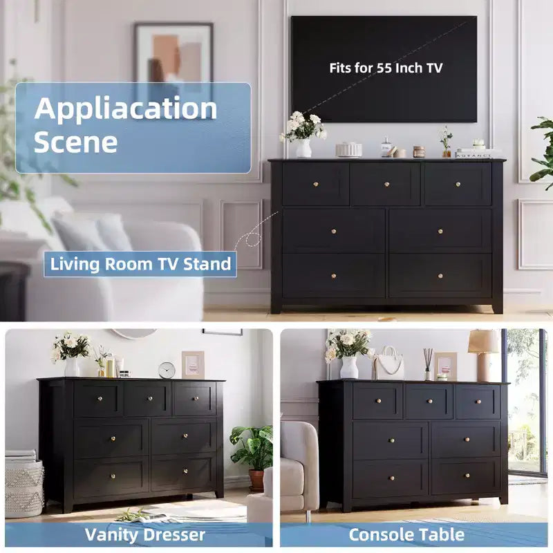 Commode moderne à 7 tiroirs pour chambre à coucher, commodes en bois de 54 po de large avec grand espace de rangement, commode sans poignée meuble TV pour salon et couloir