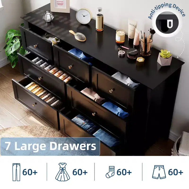 Commode moderne à 7 tiroirs pour chambre à coucher, commodes en bois de 54 po de large avec grand espace de rangement, commode sans poignée meuble TV pour salon et couloir