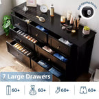 Commode moderne à 7 tiroirs pour chambre à coucher, commodes en bois de 54 po de large avec grand espace de rangement, commode sans poignée meuble TV pour salon et couloir