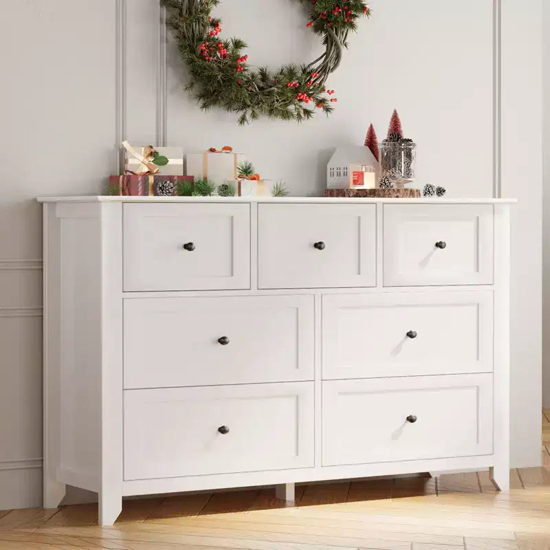 Commode moderne à 7 tiroirs pour chambre à coucher, commodes en bois de 54 po de large avec grand espace de rangement, commode sans poignée meuble TV pour salon et couloir