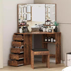 Coiffeuse d'angle avec banc, Table de maquillage avec 3 miroirs éclairés pliables, Station de recharge, 5 tiroirs pour chambre à coucher