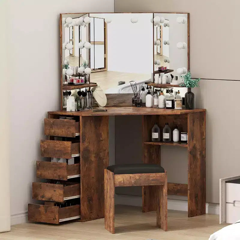 Coiffeuse d'angle avec banc, Table de maquillage avec 3 miroirs éclairés pliables, Station de recharge, 5 tiroirs pour chambre à coucher