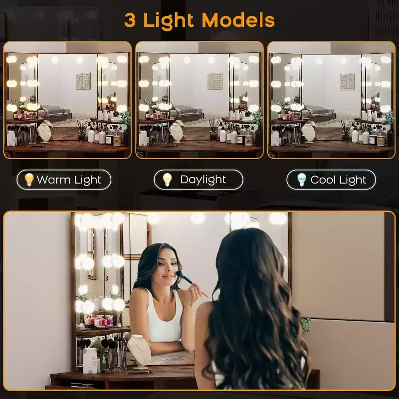 Coiffeuse d'angle avec banc, Table de maquillage avec 3 miroirs éclairés pliables, Station de recharge, 5 tiroirs pour chambre à coucher