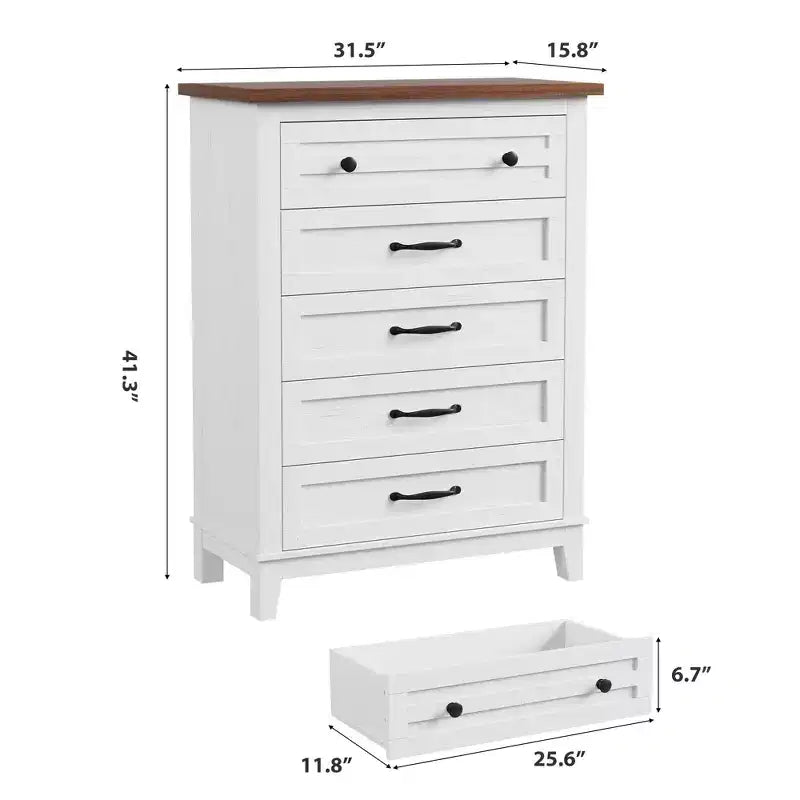 Commode à 5 tiroirs pour chambre à coucher, 41,3 po de haut, en bois, autoportante, grand rangement | Organiseur de placard vertical pour chambre à coucher et salon