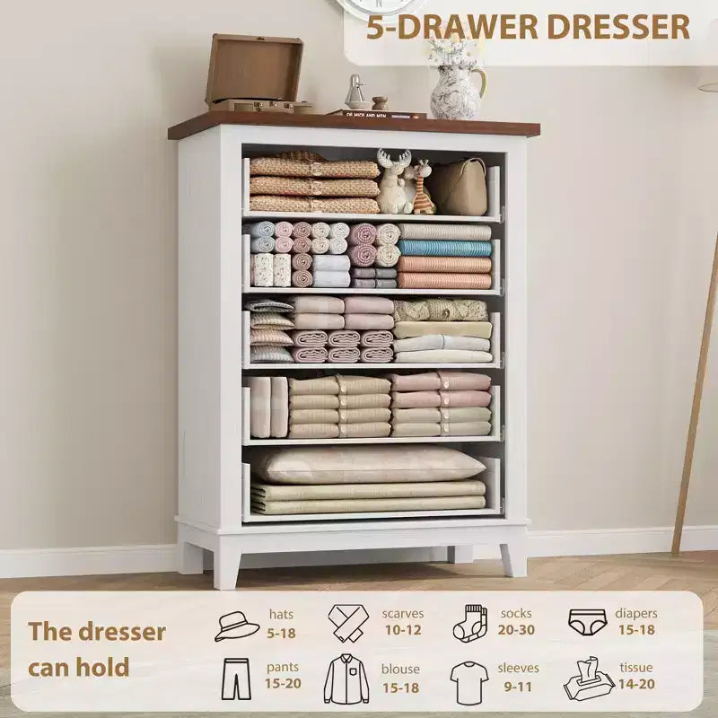 Commode à 5 tiroirs pour chambre à coucher, 41,3 po de haut, en bois, autoportante, grand rangement | Organiseur de placard vertical pour chambre à coucher et salon