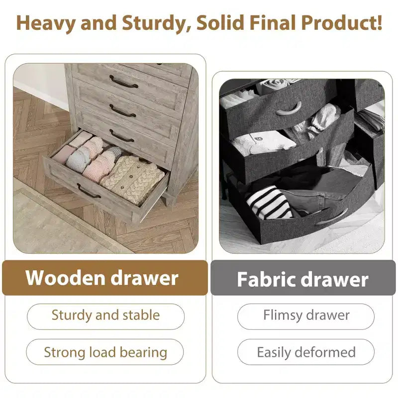 Commode à 5 tiroirs pour chambre à coucher, 41,3 po de haut, en bois, autoportante, grand rangement | Organiseur de placard vertical pour chambre à coucher et salon
