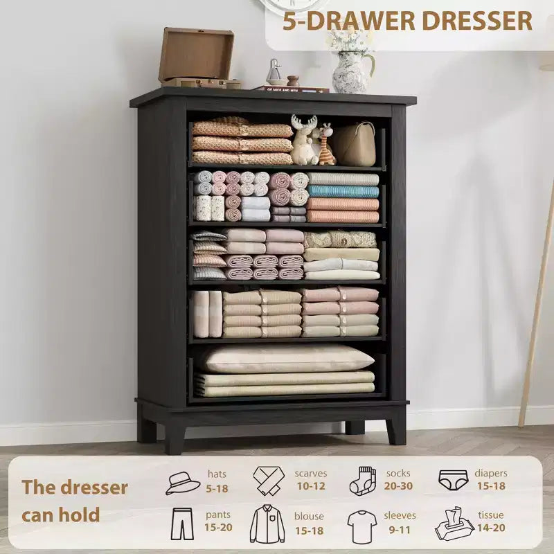 Commode à 5 tiroirs pour chambre à coucher, 41,3 po de haut, en bois, autoportante, grand rangement | Organiseur de placard vertical pour chambre à coucher et salon