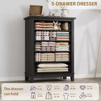 Commode à 5 tiroirs pour chambre à coucher, 41,3 po de haut, en bois, autoportante, grand rangement | Organiseur de placard vertical pour chambre à coucher et salon