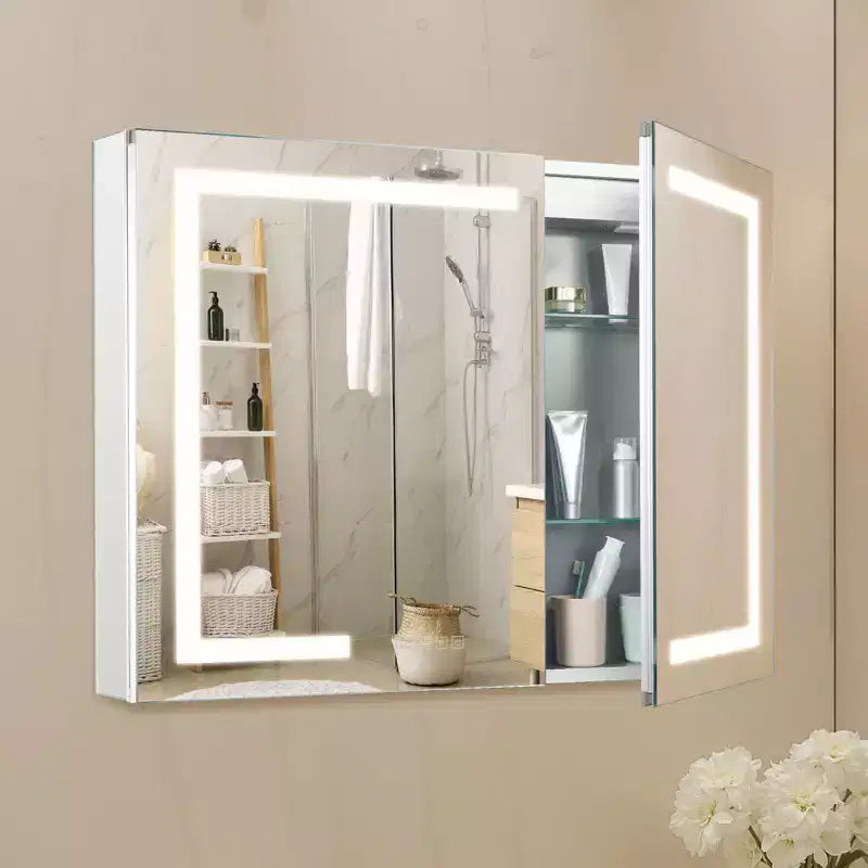 Armoire à pharmacie lumineuse VEVOR avec miroir, 36 x 30 pouces, encastrée ou murale, armoire à pharmacie de salle de bain LED dimmable 3 couleurs avec miroir HD, horloge, blanc