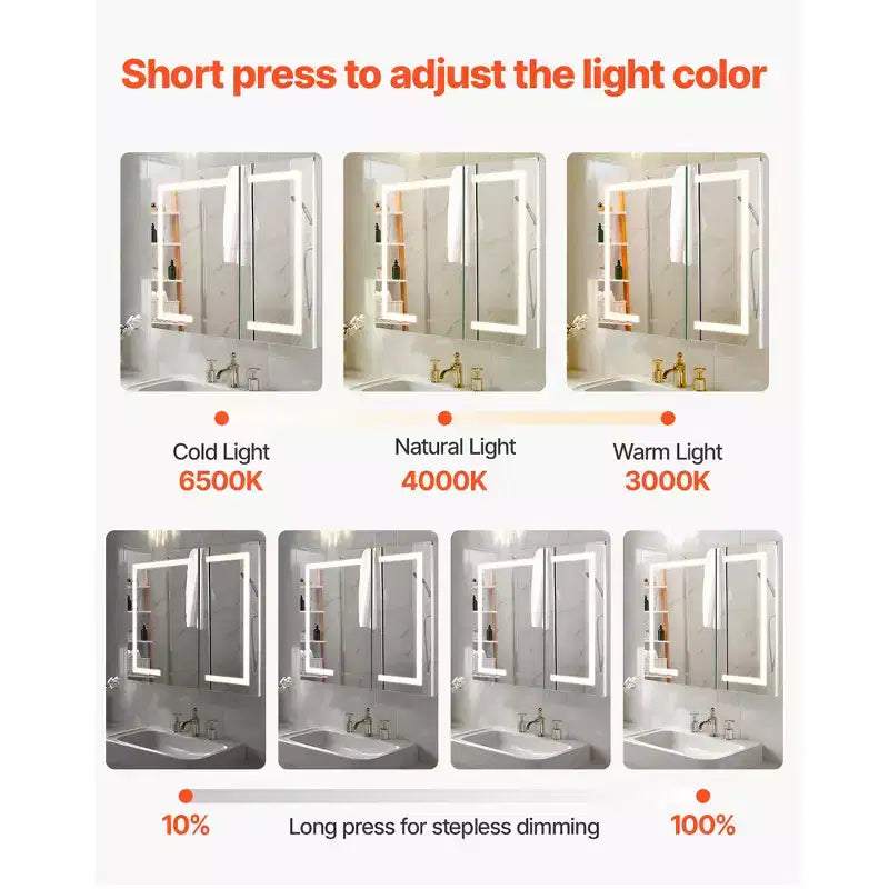 Armoire à pharmacie lumineuse VEVOR avec miroir, 36 x 30 pouces, encastrée ou murale, armoire à pharmacie de salle de bain LED dimmable 3 couleurs avec miroir HD, horloge, blanc