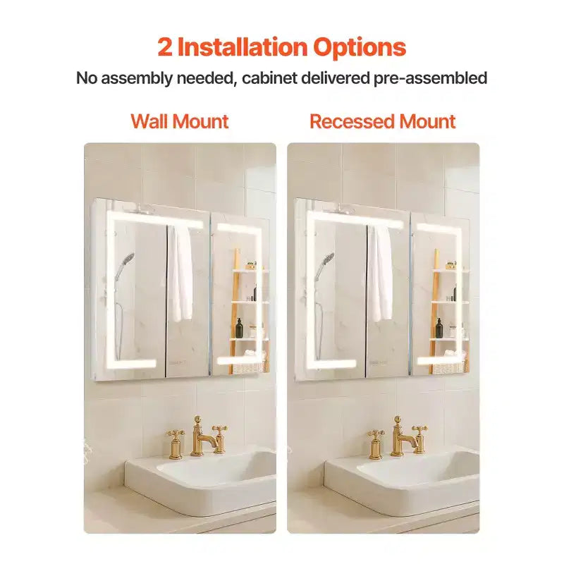 Armoire à pharmacie lumineuse VEVOR avec miroir, 36 x 30 pouces, encastrée ou murale, armoire à pharmacie de salle de bain LED dimmable 3 couleurs avec miroir HD, horloge, blanc