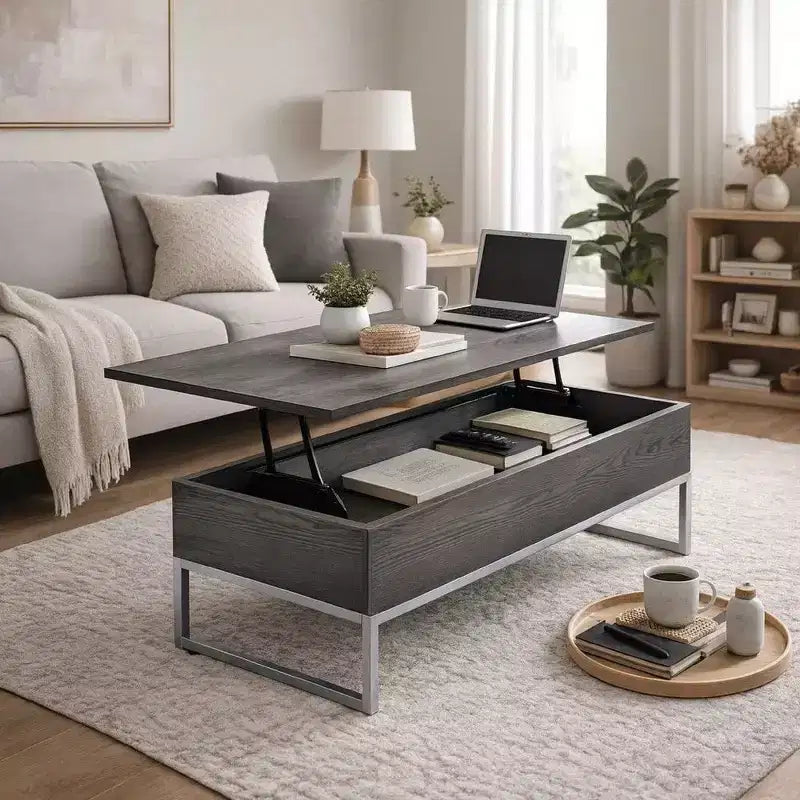 Table basse en bois Royal Hampton avec deux plateaux relevables et des pieds en métal en forme de patins, gris et argent
