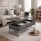 Table basse en bois Royal Hampton avec deux plateaux relevables et des pieds en métal en forme de patins, gris et argent