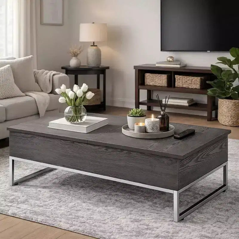 Table basse en bois Royal Hampton avec deux plateaux relevables et des pieds en métal en forme de patins, gris et argent
