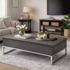 Table basse en bois Royal Hampton avec deux plateaux relevables et des pieds en métal en forme de patins, gris et argent