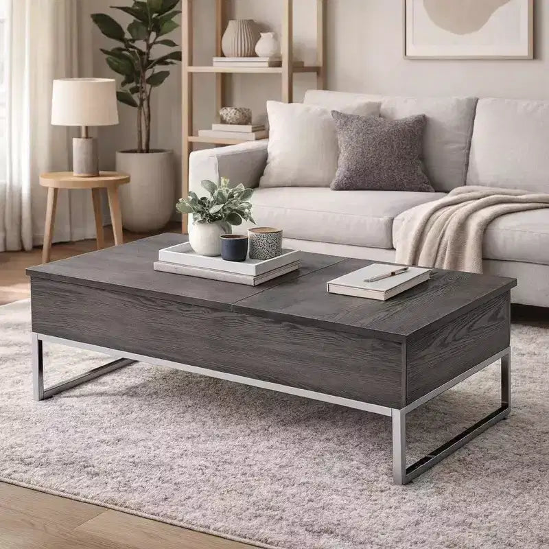 Table basse en bois Royal Hampton avec deux plateaux relevables et des pieds en métal en forme de patins, gris et argent