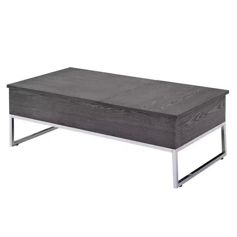 Table basse en bois Royal Hampton avec deux plateaux relevables et des pieds en métal en forme de patins, gris et argent