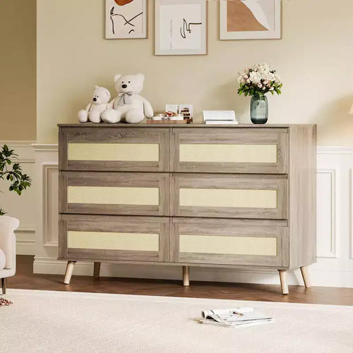 6 Drawer Dresser for Bedroom, Rattan Chest of Dressers, Natural