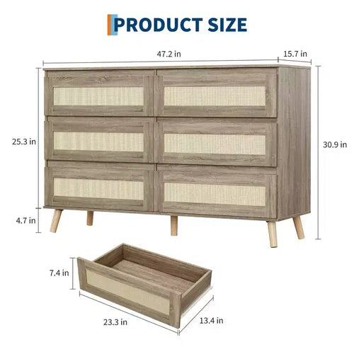 Commode à 6 tiroirs pour chambre à coucher, commode en rotin, naturelle