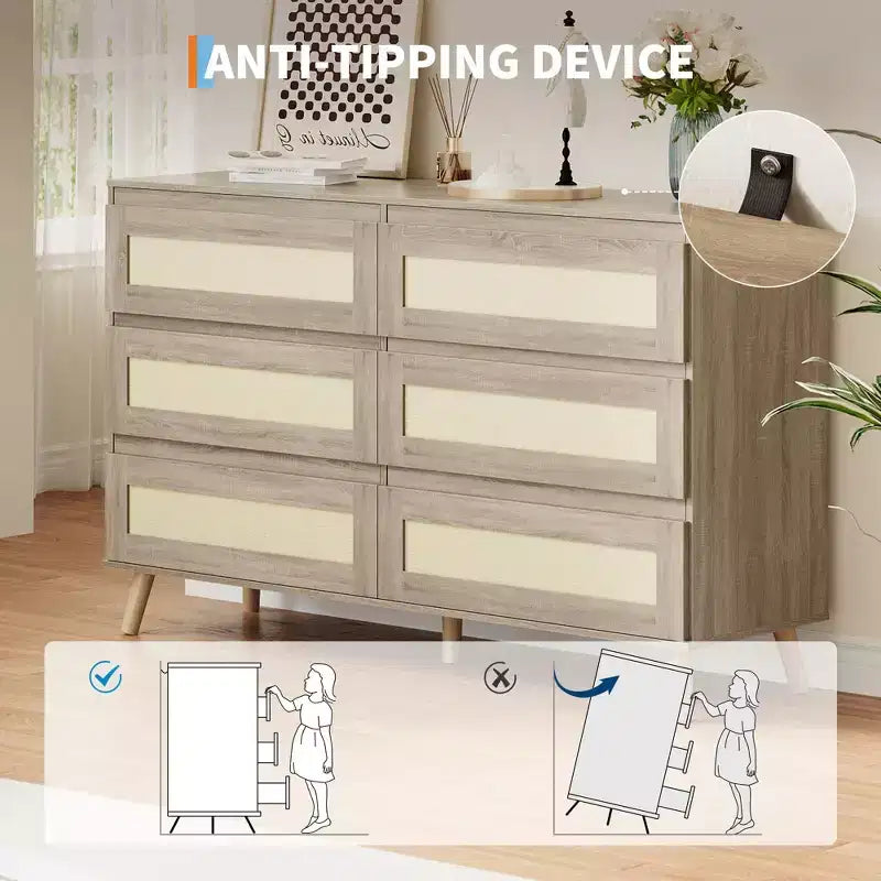 Commode à 6 tiroirs pour chambre à coucher, commode en rotin, naturelle