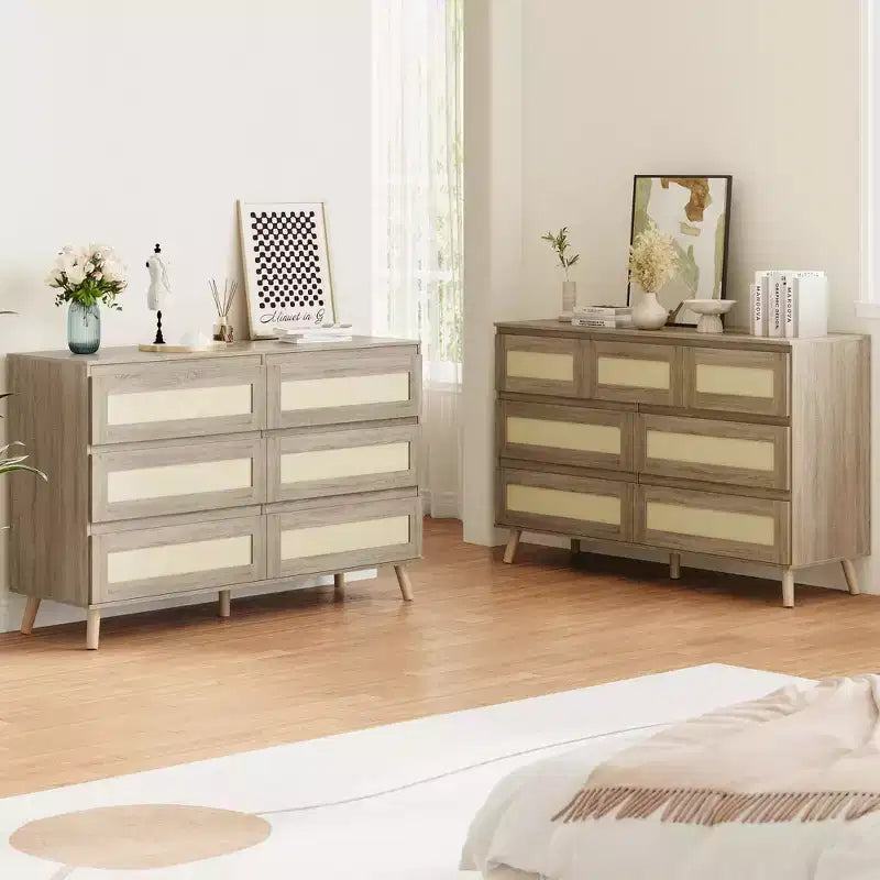 Commode à 6 tiroirs pour chambre à coucher, commode en rotin, naturelle