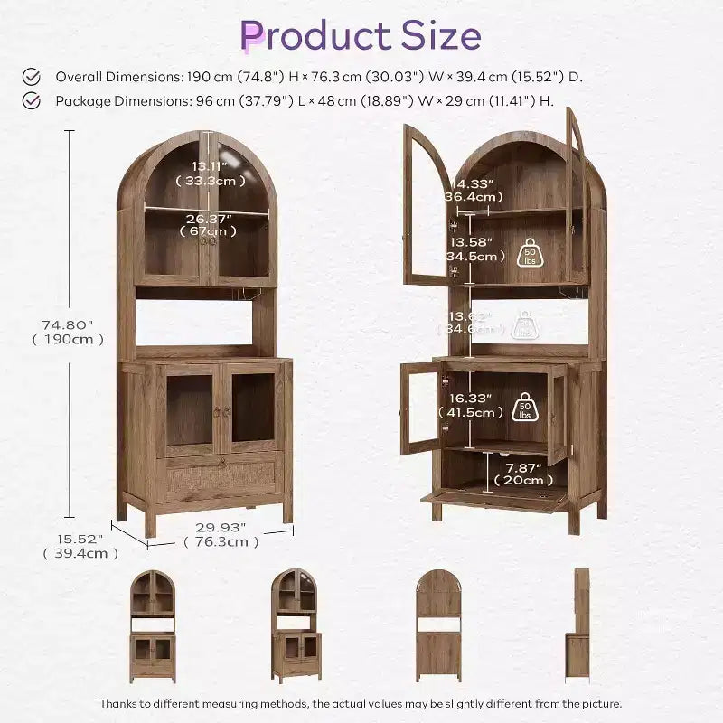 TYBOATLE Armoire de rangement cintrée de 190 cm de haut, armoires de cuisine en bois avec dispositif anti-basculement, meuble de rangement polyvalent avec tiroir innovant