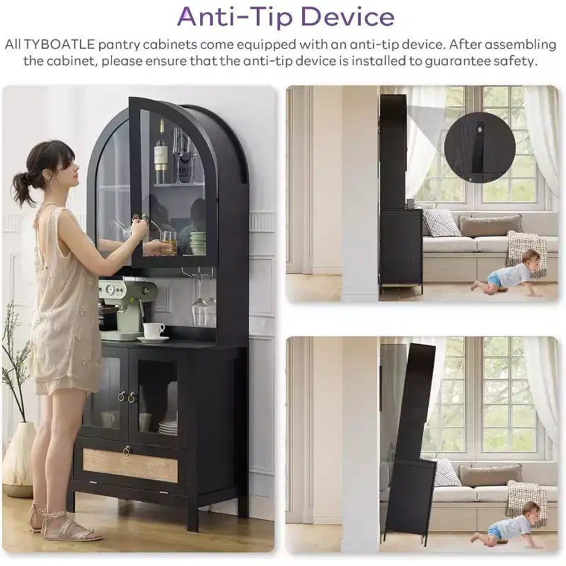 TYBOATLE Armoire de rangement cintrée de 190 cm de haut, armoires de cuisine en bois avec dispositif anti-basculement, meuble de rangement polyvalent avec tiroir innovant