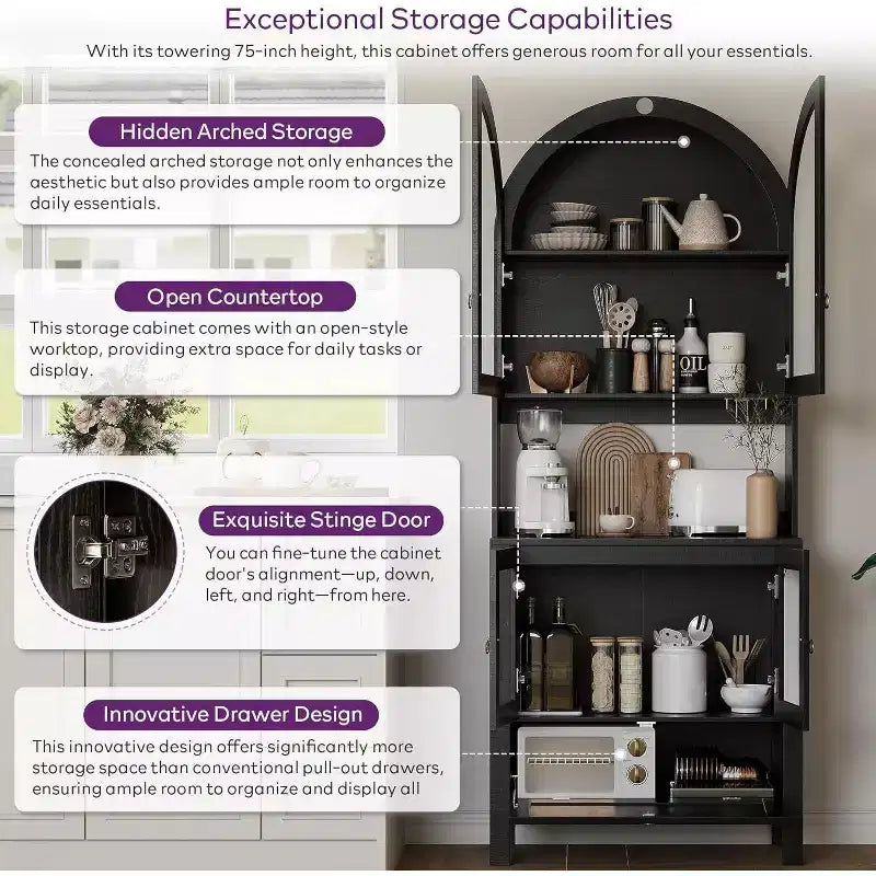 TYBOATLE Armoire de rangement cintrée de 190 cm de haut, armoires de cuisine en bois avec dispositif anti-basculement, meuble de rangement polyvalent avec tiroir innovant