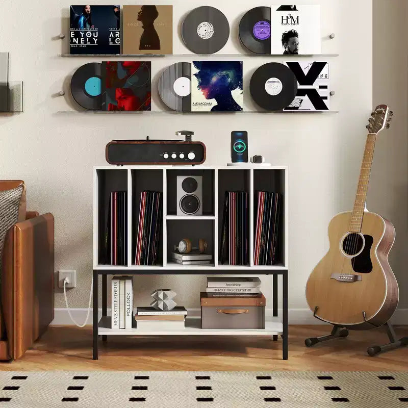 Meuble support de tourne-disque Costway avec station de charge, étagères de rangement pour vinyles, cadre en métal