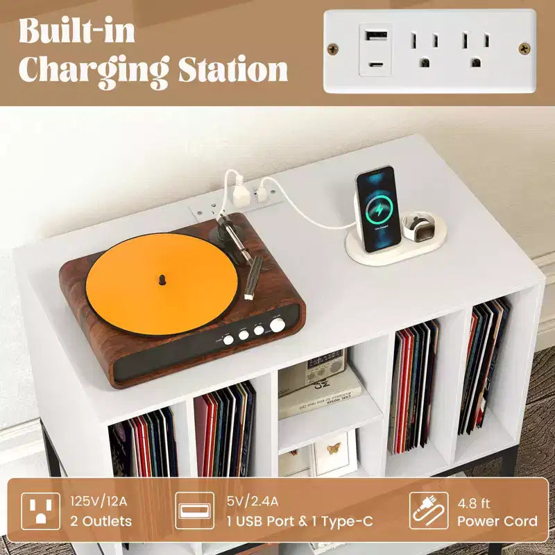 Meuble support de tourne-disque Costway avec station de charge, étagères de rangement pour vinyles, cadre en métal