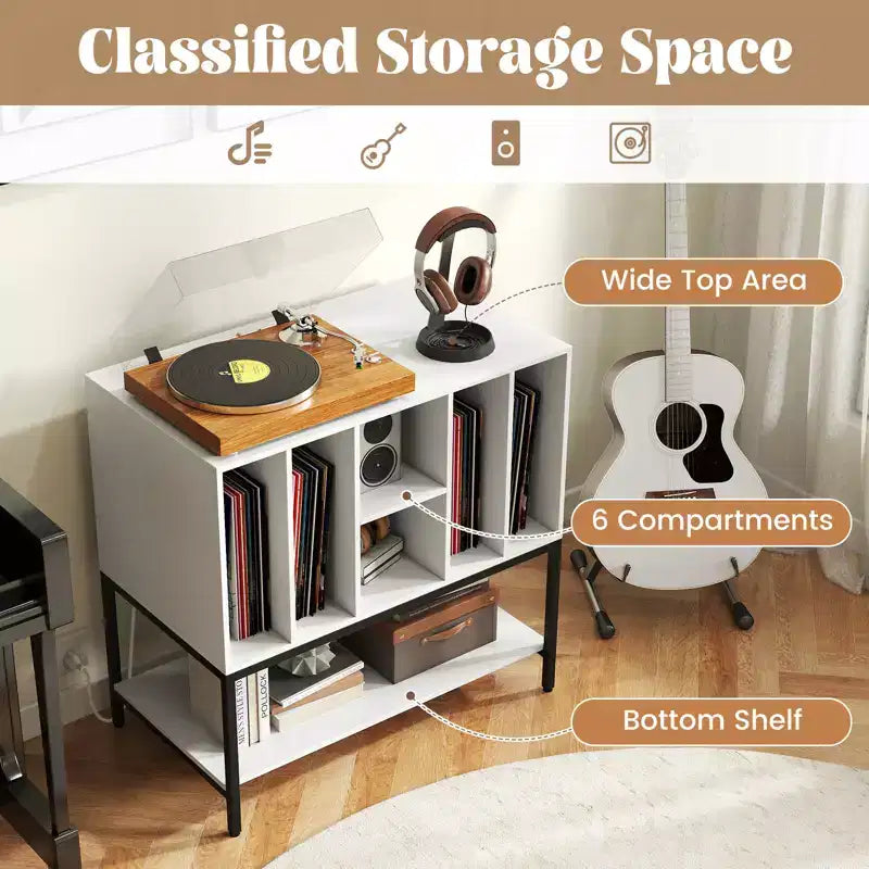 Meuble support de tourne-disque Costway avec station de charge, étagères de rangement pour vinyles, cadre en métal