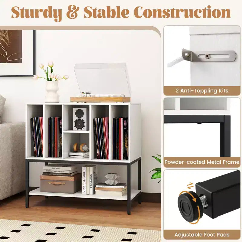Meuble support de tourne-disque Costway avec station de charge, étagères de rangement pour vinyles, cadre en métal