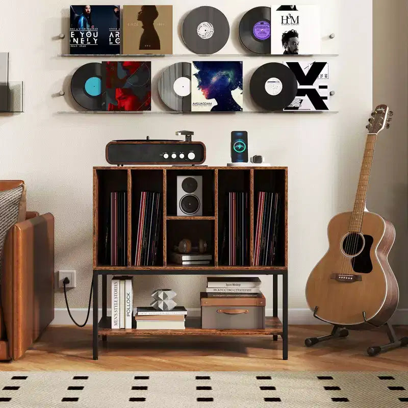 Meuble support de tourne-disque Costway avec station de charge, étagères de rangement pour vinyles, cadre en métal