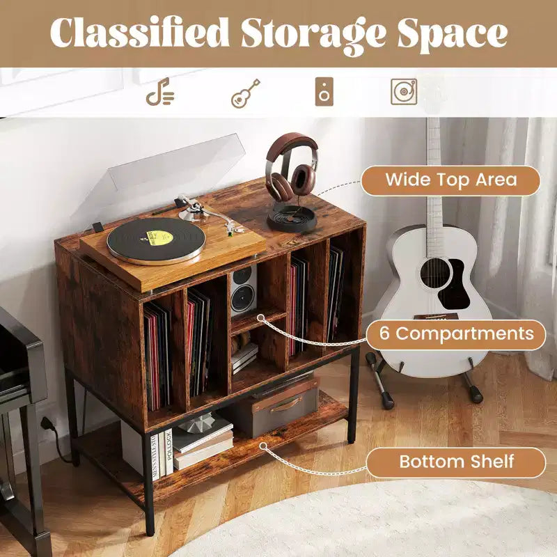 Meuble support de tourne-disque Costway avec station de charge, étagères de rangement pour vinyles, cadre en métal