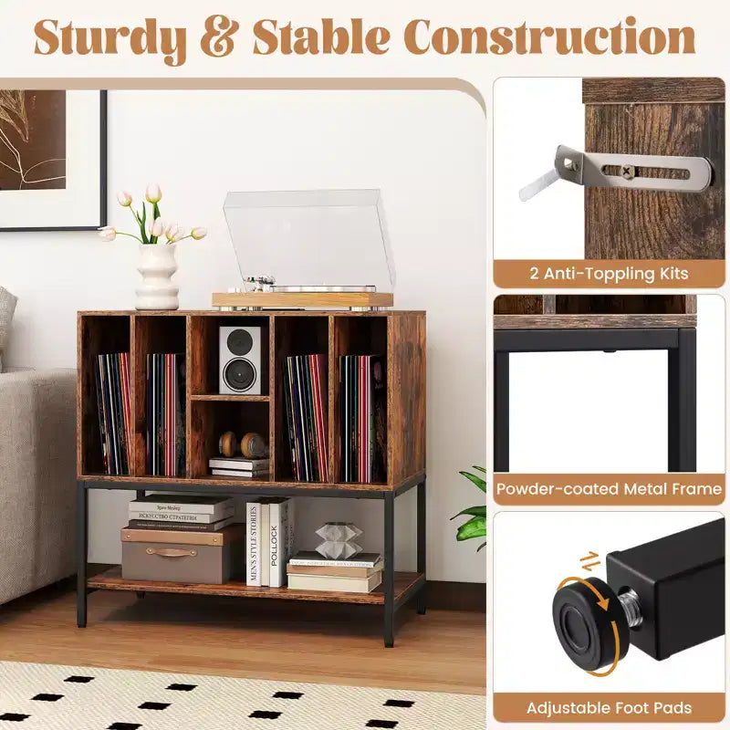 Meuble support de tourne-disque Costway avec station de charge, étagères de rangement pour vinyles, cadre en métal
