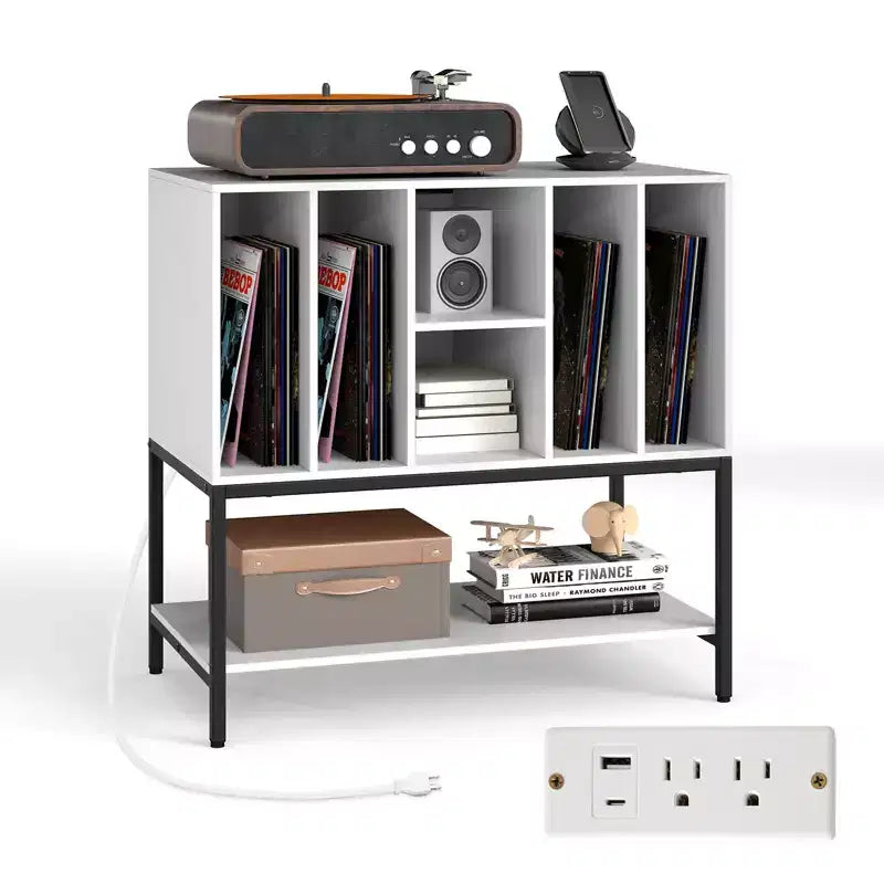 Meuble support de tourne-disque Costway avec station de charge, étagères de rangement pour vinyles, cadre en métal